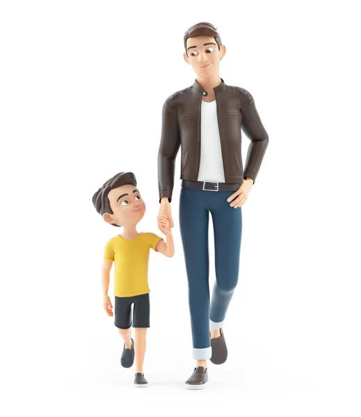 3D卡通人物与他的儿子一起行走 以白色背景为孤立的图解 — 图库照片