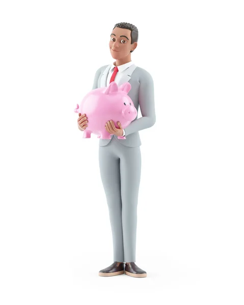 Персонаж Бизнесмен Стоящий Копилку Иллюстрация Изолированы Белом Фоне — стоковое фото