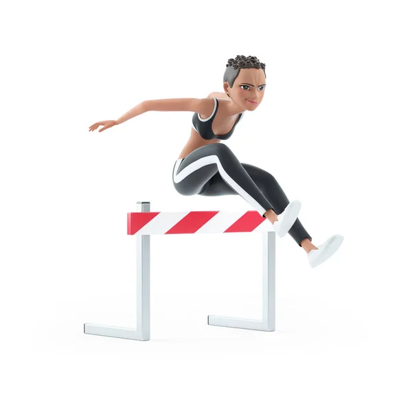 Sporty Character Woman Jumping Hurdle Illustration Isolated White Background — Stock Photo, Image