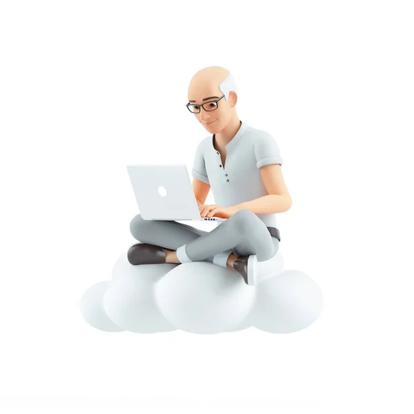 Senior Muž Sedí Cloudu Pomocí Notebooku Ilustrace Izolované Bílém Pozadí — Stock fotografie