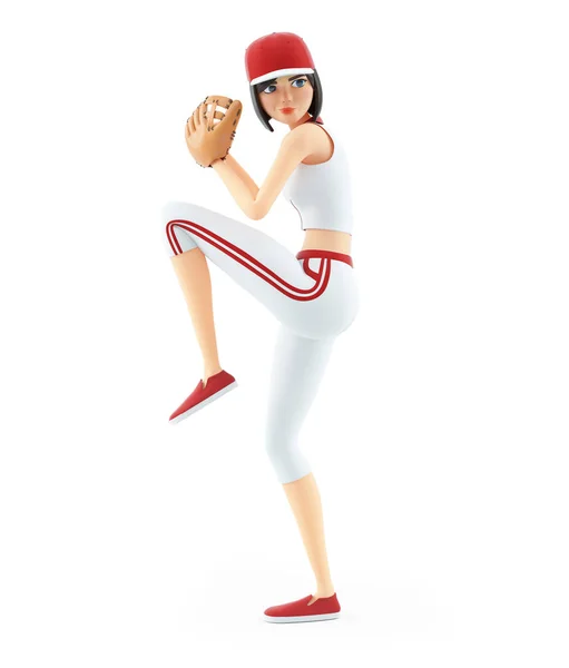 Baseball Girl Prêt Lancer Balle Illustration Isolée Sur Fond Blanc — Photo