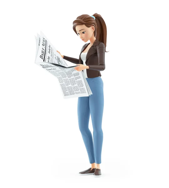 Cartoon Woman Standing Reading Newspaper Illustration Isolated White Background — Stock Photo, Image