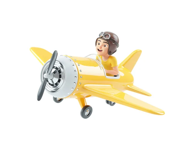 3D男孩乘坐复古飞机飞行 在白色背景上孤立的图解 免版税图库图片