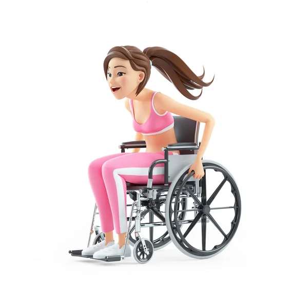 3D运动妇女在轮椅上滚动 在白色背景上孤立地显示 图库图片