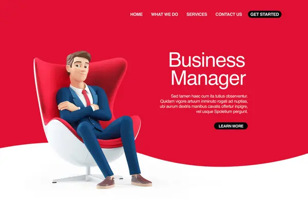 腕で快適に座っている3D漫画のビジネスマンは ウェブバナーを横断し 色の背景のイラスト ストックフォト
