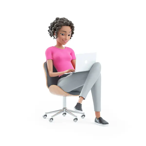 Όμορφη Γυναίκα Κάθεται Καρέκλα Φορητό Υπολογιστή Εικόνα Απομονώνονται Λευκό Φόντο Royalty Free Εικόνες Αρχείου