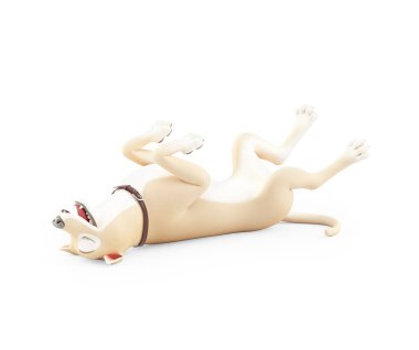 Pençeleri havada sırt üstü yatan 3D çizgi film köpeği.