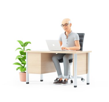 Ofiste dizüstü bilgisayarda çalışan 3D kıdemli adam.