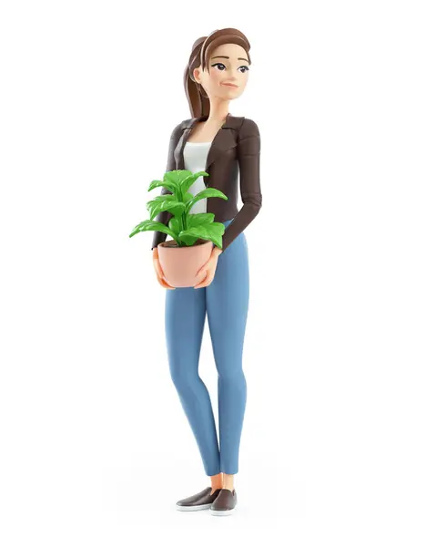 ポット植物を運ぶ3D漫画の女性 白い背景に隔離されたイラスト ストック写真