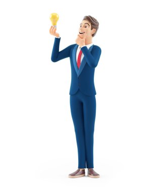 3D karikatür işadamı ampule bakıyor.