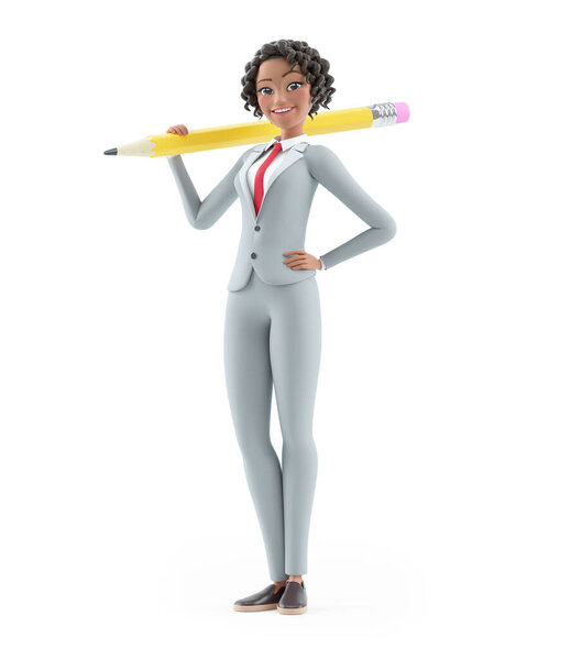 3d happy character businesswoman holding pencil, illustration isolated on white background