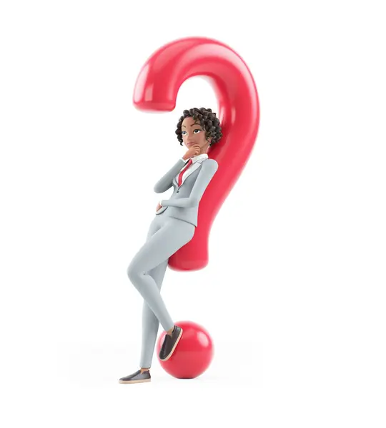 Charakter Geschäftsfrau Lehnt Unter Fragezeichen Illustration Isoliert Auf Weißem Hintergrund Stockfoto