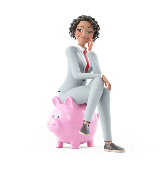 Karakter Zakenvrouw Zittend Spaarvarken Bank Illustratie Geïsoleerd Witte Achtergrond Stockfoto