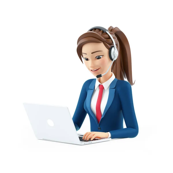 3D卡通女商人 带着耳机在笔记本电脑上工作 白色背景上孤立的插图 免版税图库照片