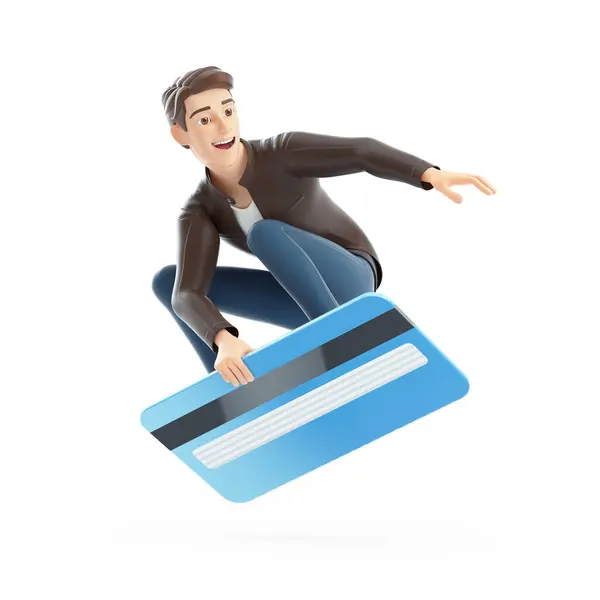 3d cartoon man surfing on credit card, illustration isolated on white background