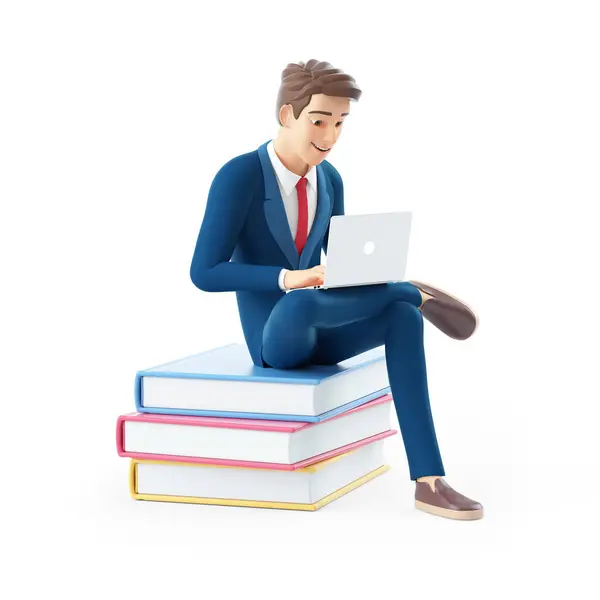 Cartoon Businessman Sitting Books Laptop Illustration Isolated White Background — Stock Photo, Image