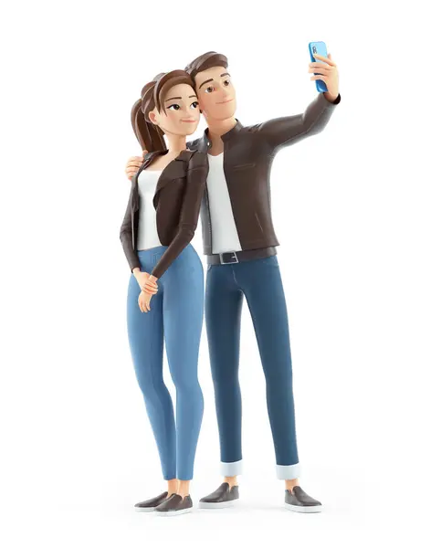 Cartoon Mann Und Frau Beim Selfie Auf Mobiltelefon Illustration Isoliert — Stockfoto
