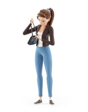 3D karikatür kadın çantasında bir şey arıyor. Resim beyaz arka planda izole edilmiş.