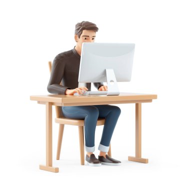 Masadaki bilgisayarda çalışan 3D karikatürcü, beyaz arkaplanda izole edilmiş bir illüstrasyon