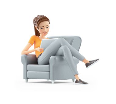 Tabletle koltukta oturan 3D kadın, beyaz arka planda izole edilmiş bir resim.