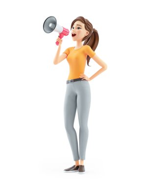 3D kadın megafonla bir duyuru yapıyor, resim beyaz arka planda izole edilmiş.