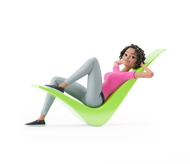 3D güzel kadın beyaz arka planda izole bir şekilde işaretli yerde yatıyor.