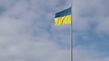 Ukrayna 'nın coğrafi merkezi. Yüksek bir bayrak direğinde Ukrayna bayrağı sallıyor..