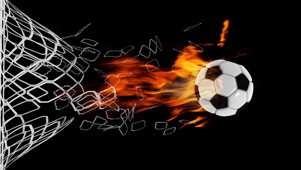 Soccer Football Ball Fire Breaking Nets Qatar Flag Colors World — Stock Photo, Image