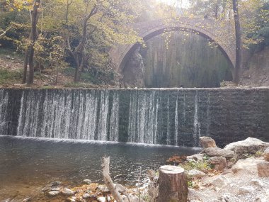 Paleokarya 'nın kemerli köprüsü trikala mükemmelliğinde Yunan sonbahar renk şelaleleri 