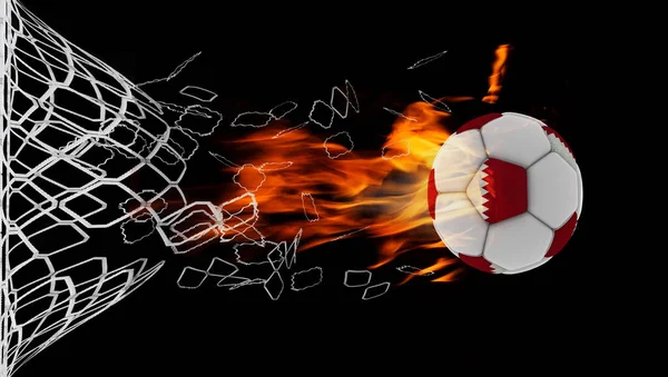 Pelota Fútbol Qatar Fútbol Con Redes Romper Fuego Qatar Bandera — Foto de Stock