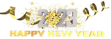 2023 altın kurdele ilk yıl gece düşüyor mavi yıldızlar arka planda izole edilmiş - 3D görüntüleme