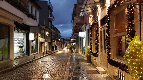 Xmas Temporada Rua Café Ioannina Cidade Greece Luzes Mesas Cadeiras — Fotografia de Stock
