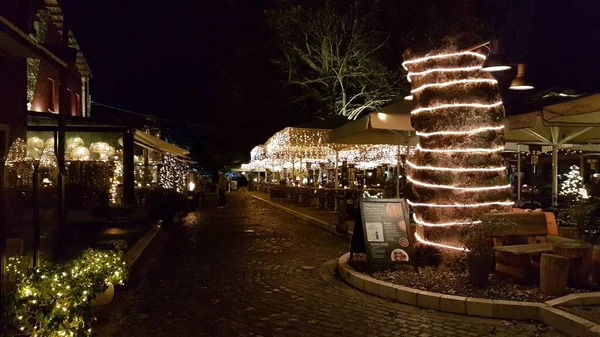 在爱奥尼亚纳市的圣诞之夜 希腊的咖啡店路上点亮了灯 — 图库照片