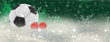 Futbol topunun kışı Noel 'de kar yağışı yıldızlarının arka planında kış mevsimi hava durumu izole - 3D görüntüleme