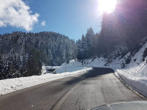 road snow  clean from ice travel in winter near to anilio ski center greece