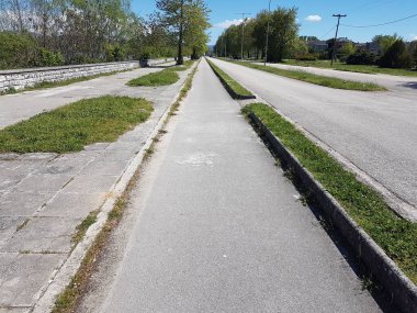 Baharda bahçe yolları ve yollar, yeşil çimenler ve güneşli bir günde ağaçlar. 