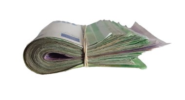 Para banknotlar euro 100 izole beyaz masa piyasası gerilemiş borç