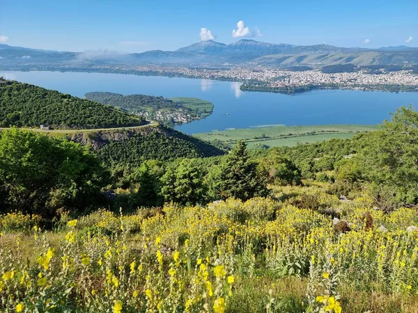 stock image ioannina or giannena city panorama lake pamvotis and mountain olitsika in  spring season greece 