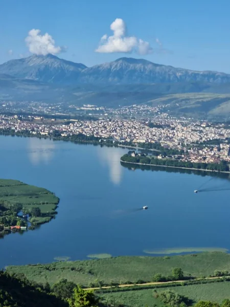 Ioannina Sau Giannena Oraș Panorama Lac Pamvotis Olitsika Munte Sezonul — Fotografie, imagine de stoc