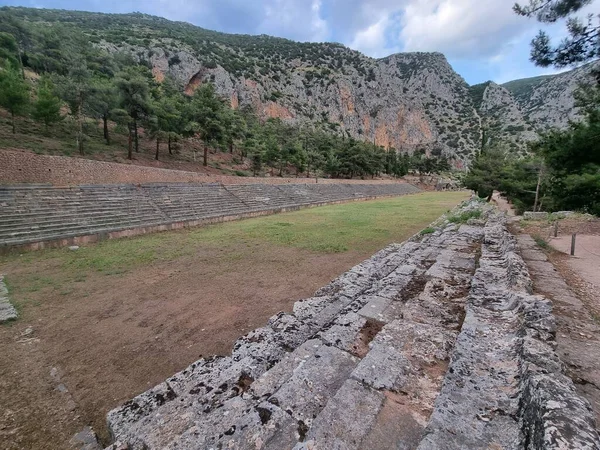 Delphi Stadio Stadium Antique Grec Vue Sur Mer Histoire Grecque — Photo