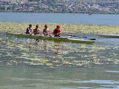 Kürek çeken kürekçiler yaz mevsiminde ioannina ağaçlarının altında Pamvotis Gölü 'nde antrenman yapıyorlar.