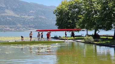Kürek çeken kürekçiler yaz mevsiminde ioannina ağaçlarının altında Pamvotis Gölü 'nde antrenman yapıyorlar.