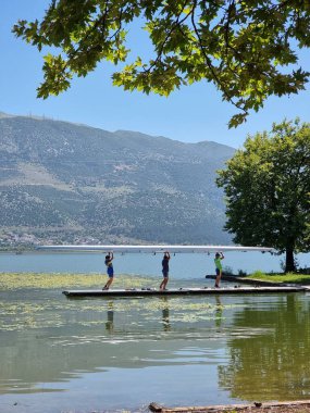 Kürek çeken kürekçiler yaz mevsiminde ioannina ağaçlarının altında Pamvotis Gölü 'nde antrenman yapıyorlar.