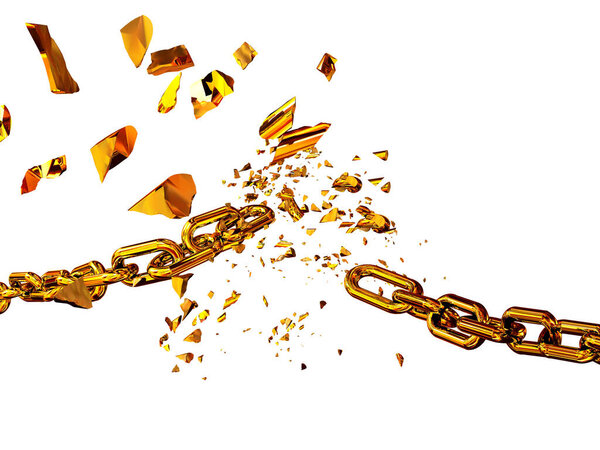 chain  golden in front of fire  breaking break chain horizontal silver broken shuttered many  pieces - 3d rendering