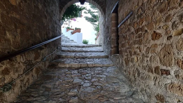 Skiros Skyros Ilha Igreja Tiop Colina Chora Castelo Greece Manhã — Fotografia de Stock