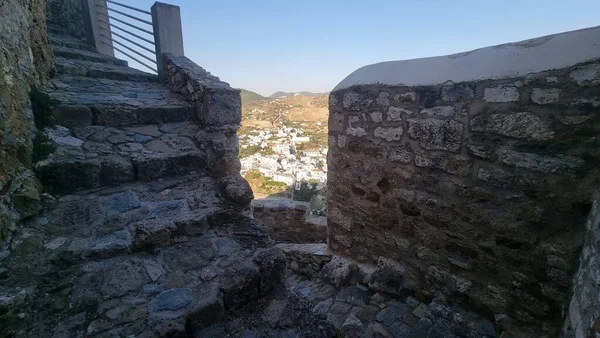 Skiros Skyros Isla Iglesia Cima Colina Cora Grecia Castillo Puesta —  Fotos de Stock