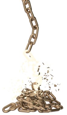 Zincirleme kırık, düşmüş kriz ayrılığı arka planda altın yangınına dikey izole edilmiş.