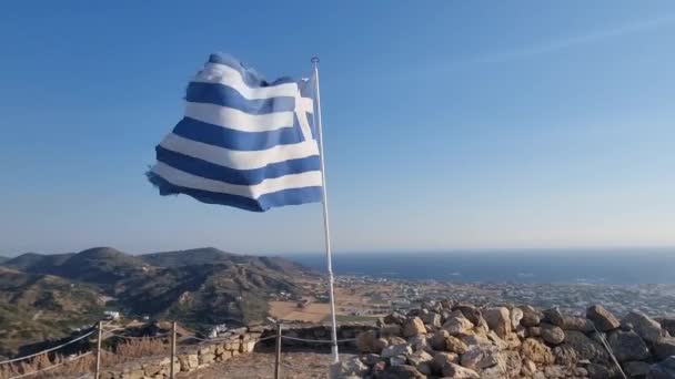 Bandera Griega Griega Agitando Viento Sol — Vídeos de Stock