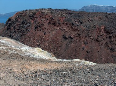 Santorini 'deki volkan, Yunanistan' daki susuzluk, mavi deniz, siyah kayalar.