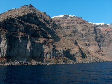 Santorini 'deki volkan, Yunanistan' daki susuzluk, mavi deniz, siyah kayalar.